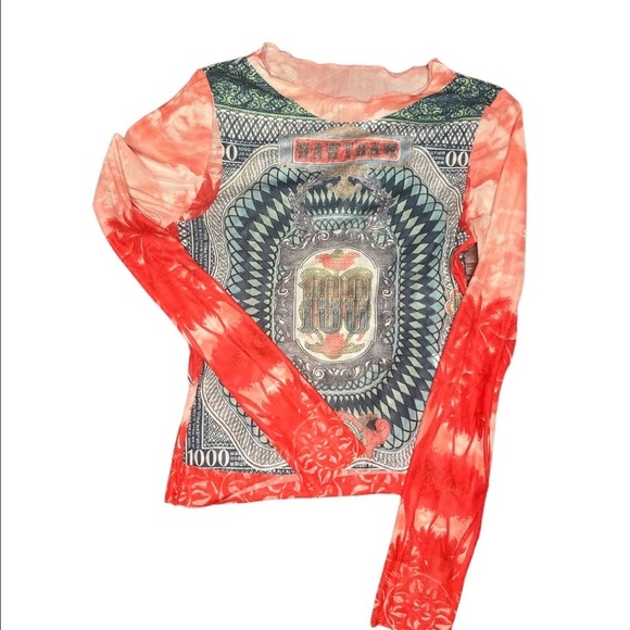Unique Banknote Long Sleeve Graphic Crop Sexy Mesh Sheer Streetwear T Shirts - Picture 12 of 15